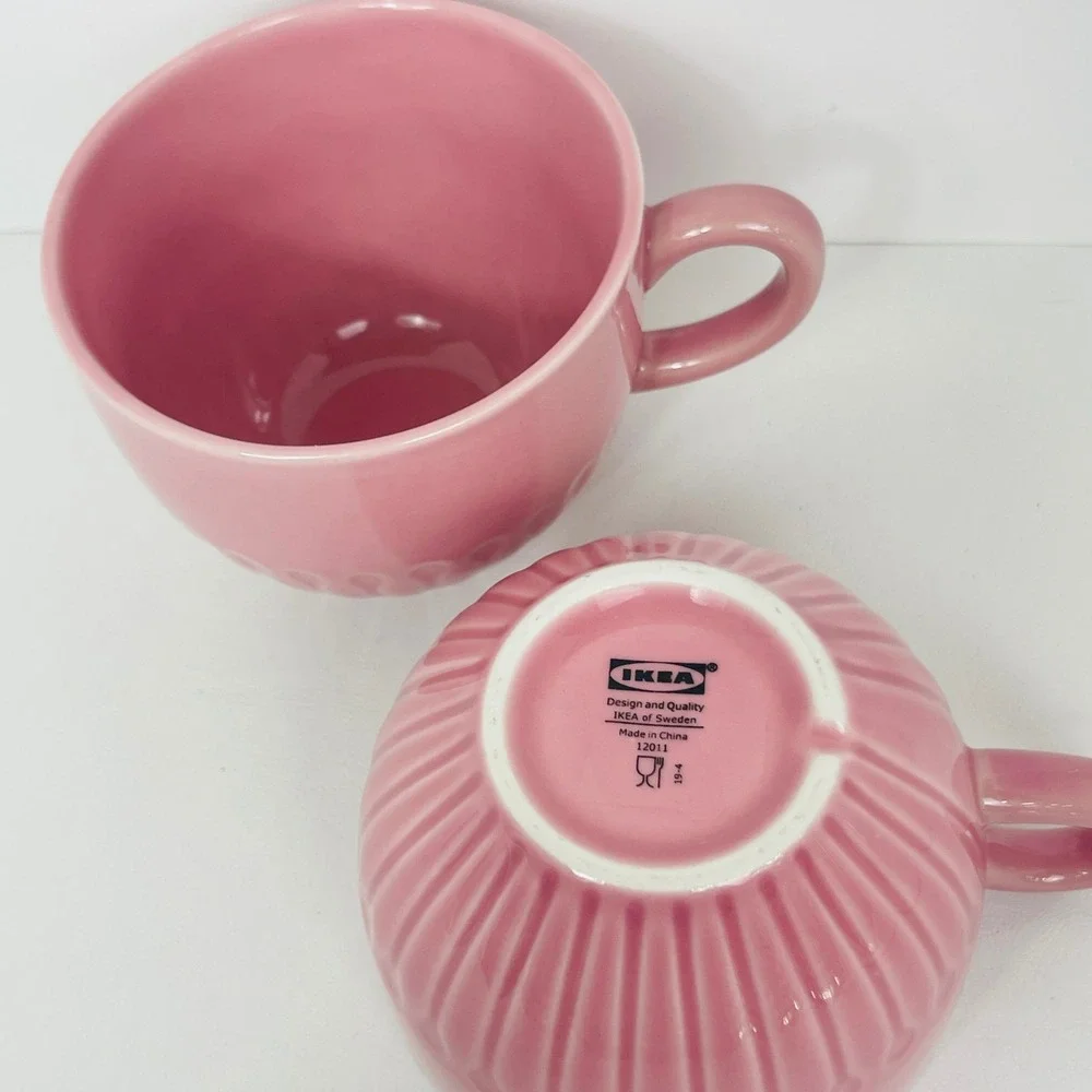 IKEA Mug Set 2 Strimmig Pink Embossed Ribbed Stoneware Modern Excellent